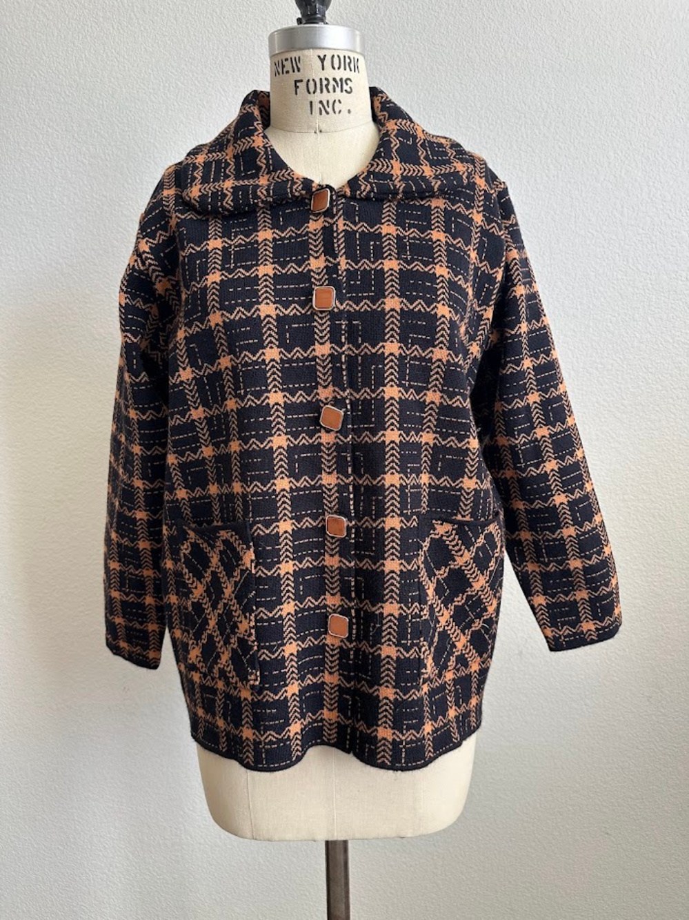 Patterned Knit Button Front Jacket Tan Navy Vintage